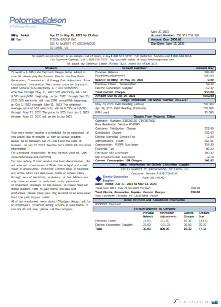 Download Potomac Edison utility business bill, page 1, SCR Photoshop template